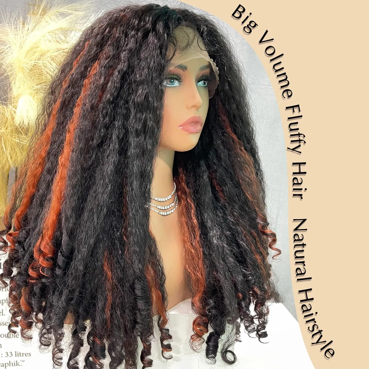SOKU Afro Kinky Straight Lace Front Wig Synthetic 20 Inch Highlight Brown Crimp to Curl Pre-plucked T Part Transparent Lace Yaki Wigs for Black Women Daily Wig