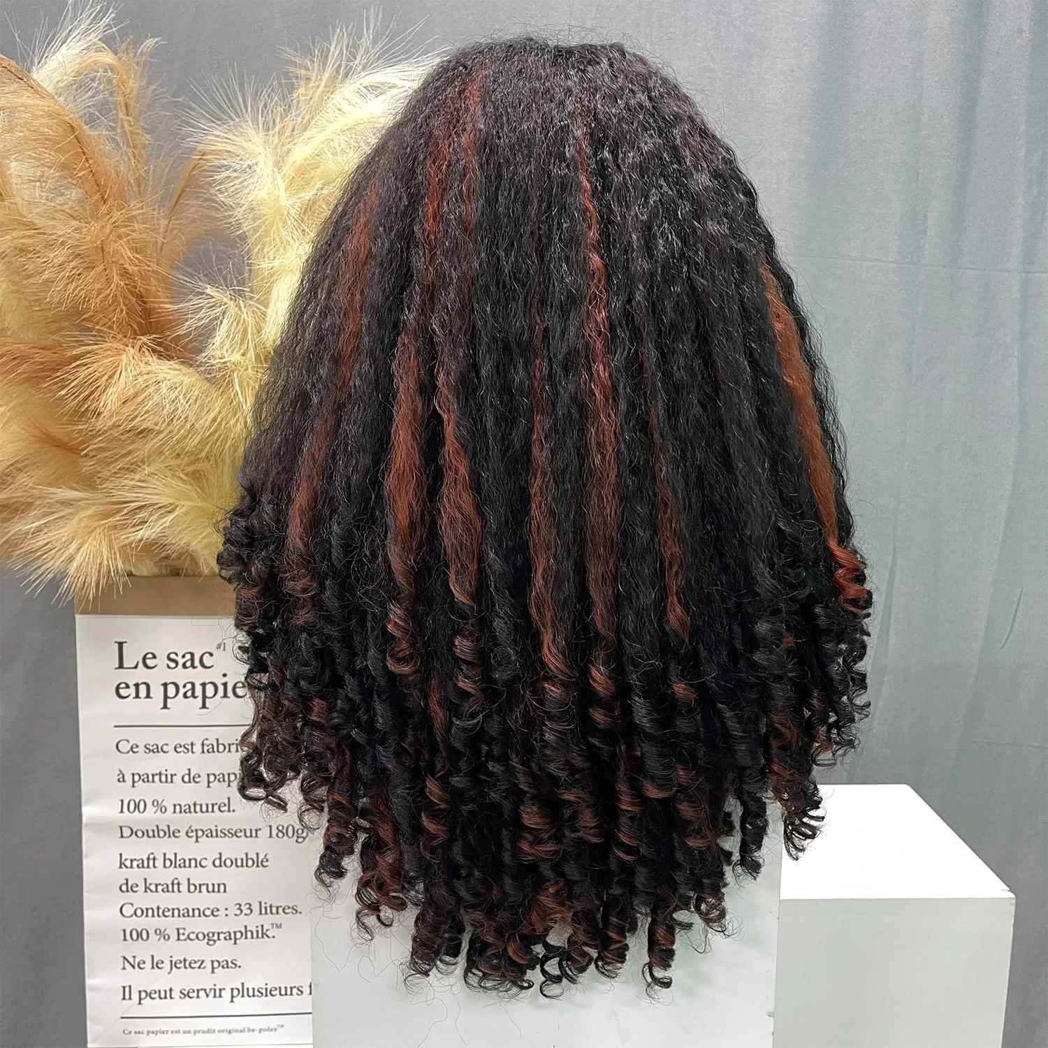 SOKU Afro Kinky Straight Lace Front Wig Synthetic 20 Inch Highlight Brown Crimp to Curl Pre-plucked T Part Transparent Lace Yaki Wigs for Black Women Daily Wig