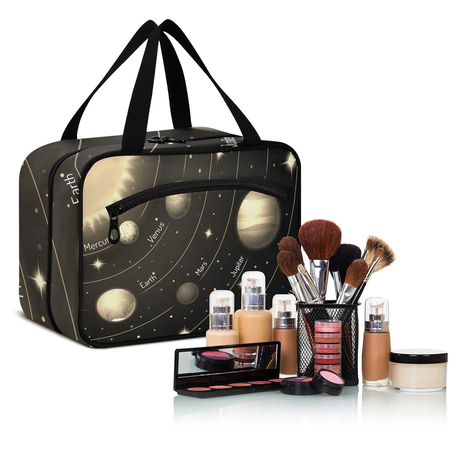 Solar System with the Sun Earth Mars Mercury Jupiter Saturn Uranus 1 PC Hanging Travel Wash bag with Handles, Portable Makeup Organizer Brush Storage Case Portable Travel Cosmetic with Hook M