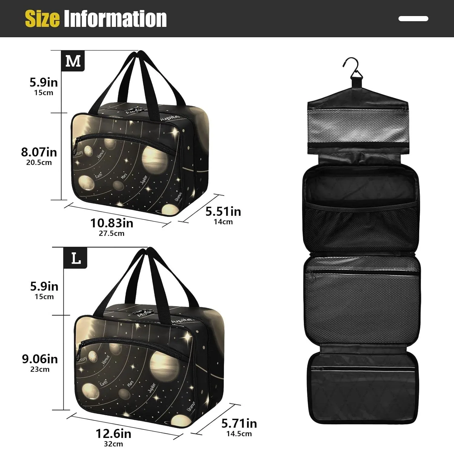 Solar System with the Sun Earth Mars Mercury Jupiter Saturn Uranus 1 PC Hanging Travel Wash bag with Handles, Portable Makeup Organizer Brush Storage Case Portable Travel Cosmetic with Hook M