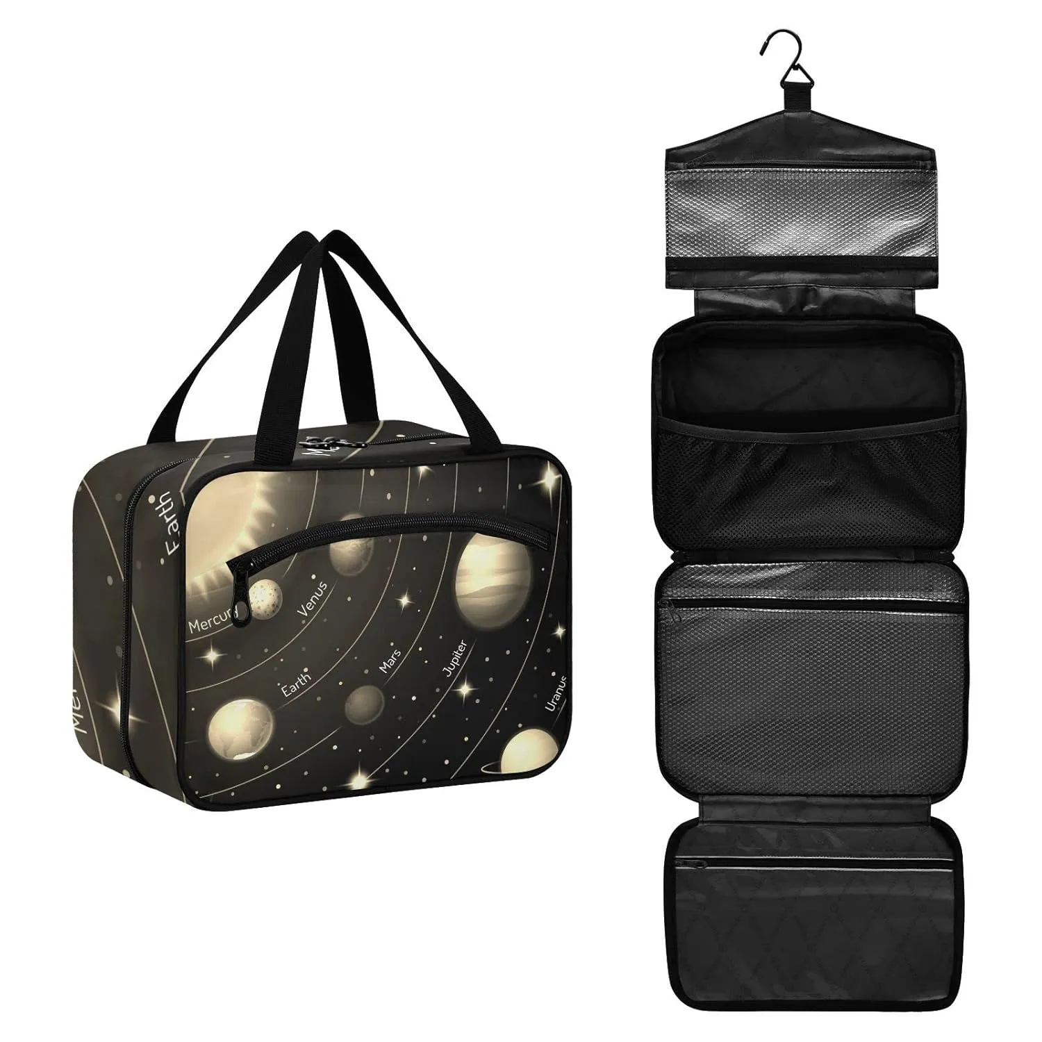 Solar System with the Sun Earth Mars Mercury Jupiter Saturn Uranus 1 PC Hanging Travel Wash bag with Handles, Portable Makeup Organizer Brush Storage Case Portable Travel Cosmetic with Hook M