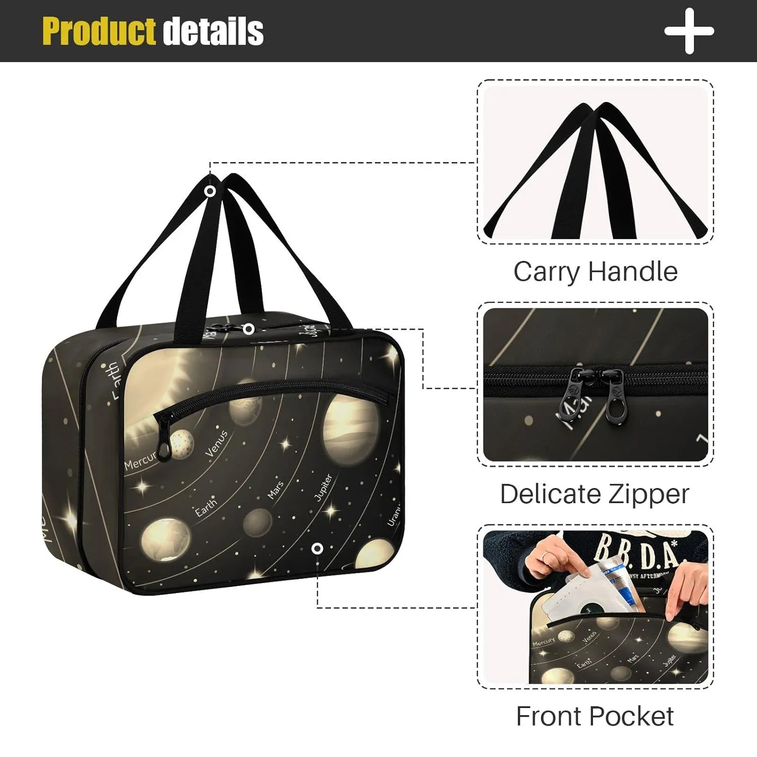 Solar System with the Sun Earth Mars Mercury Jupiter Saturn Uranus 1 PC Hanging Travel Wash bag with Handles, Portable Makeup Organizer Brush Storage Case Portable Travel Cosmetic with Hook M