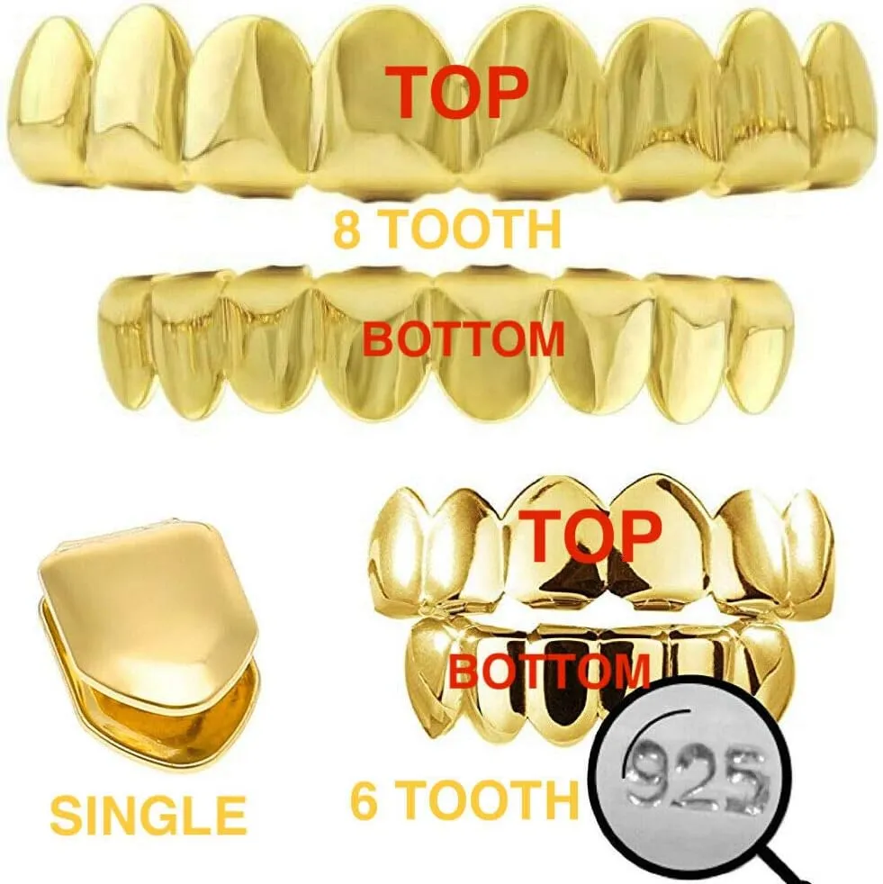 Solid 925 Sterling Silver Grillz - 14K Yellow Gold Finish - 6 Or 8 Tooth Or Single Caps/Top & Bottom Grills For Teeth - Real Solid Silver Fronts Don't Change Color