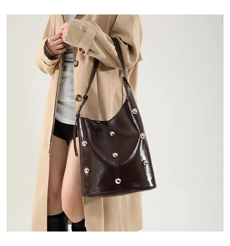 Solid Color Rivet PU 2025 High Quality Bucket Shoulder Bag Buckle Popular Fashion Crossbody Bag Soft Versatile Simple Handbag