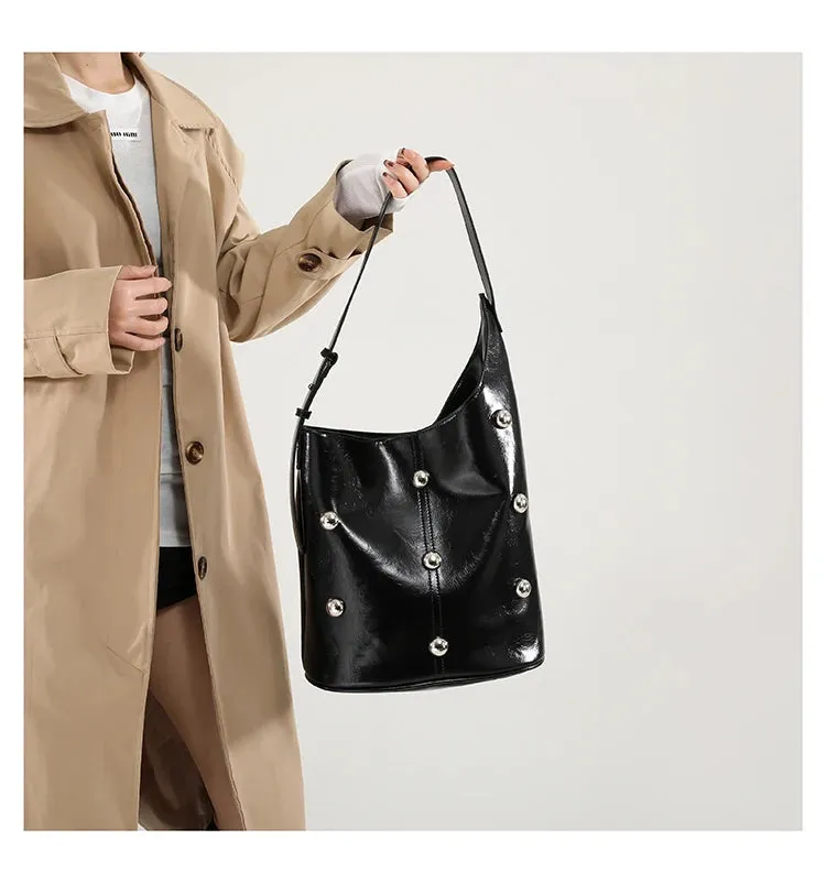 Solid Color Rivet PU 2025 High Quality Bucket Shoulder Bag Buckle Popular Fashion Crossbody Bag Soft Versatile Simple Handbag