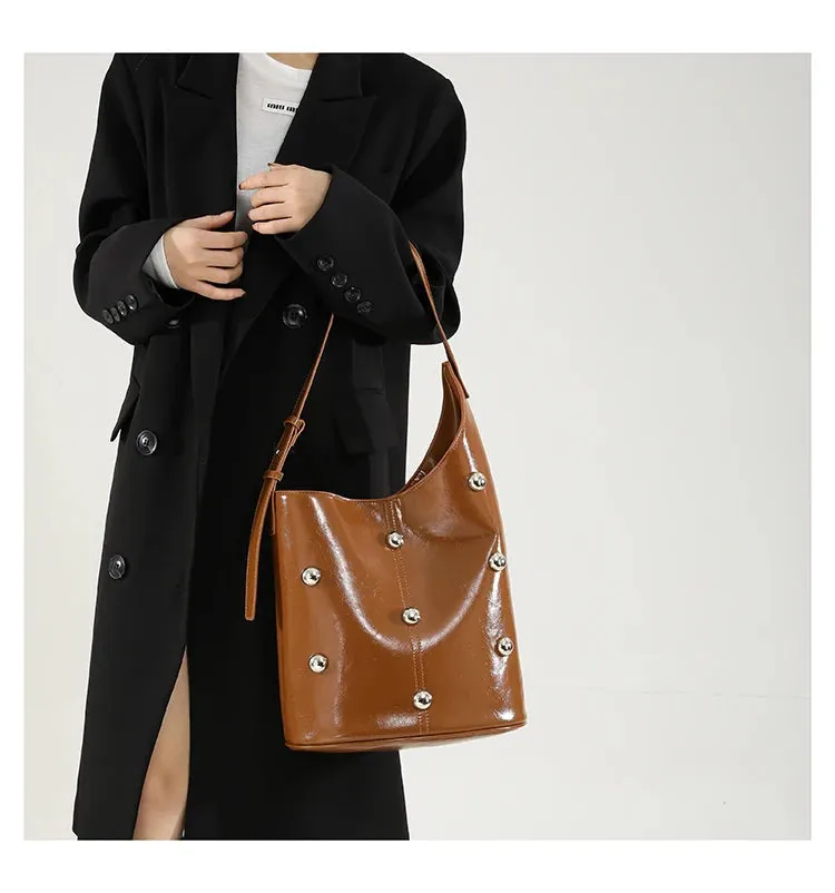 Solid Color Rivet PU 2025 High Quality Bucket Shoulder Bag Buckle Popular Fashion Crossbody Bag Soft Versatile Simple Handbag