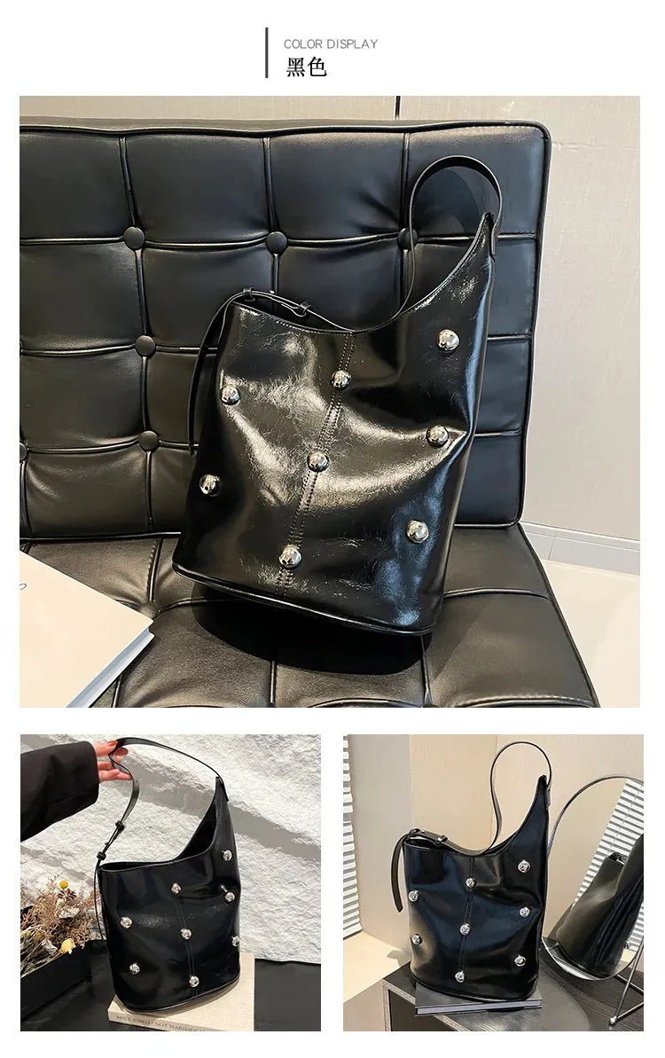 Solid Color Rivet PU 2025 High Quality Bucket Shoulder Bag Buckle Popular Fashion Crossbody Bag Soft Versatile Simple Handbag
