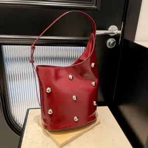 Solid Color Rivet PU 2025 High Quality Bucket Shoulder Bag Buckle Popular Fashion Crossbody Bag Soft Versatile Simple Handbag