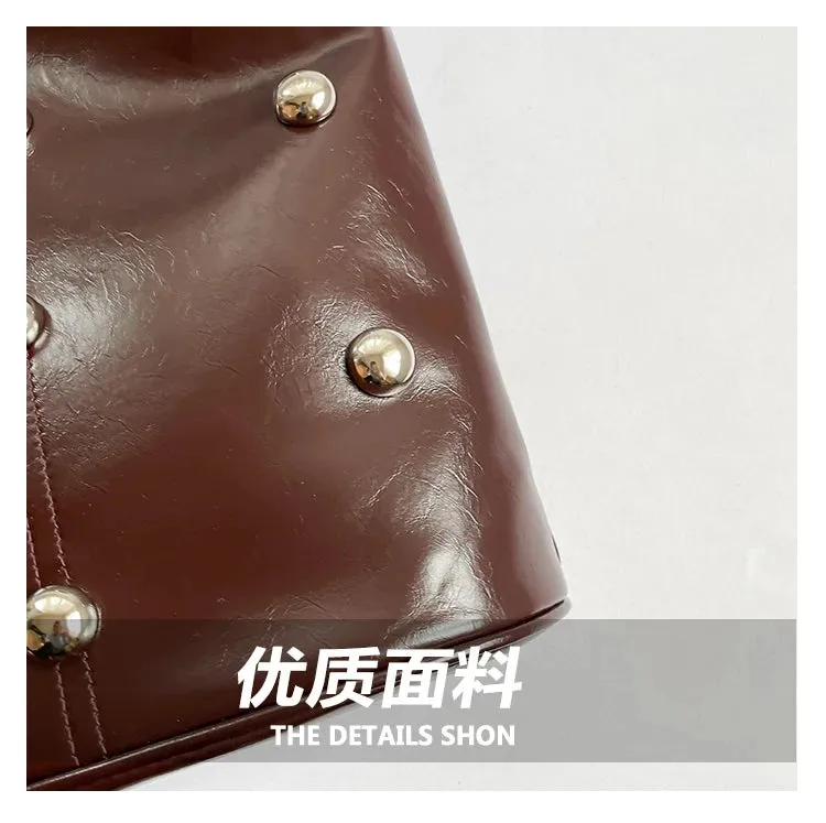 Solid Color Rivet PU 2025 High Quality Bucket Shoulder Bag Buckle Popular Fashion Crossbody Bag Soft Versatile Simple Handbag