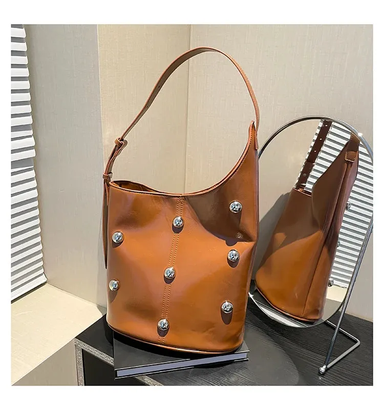 Solid Color Rivet PU 2025 High Quality Bucket Shoulder Bag Buckle Popular Fashion Crossbody Bag Soft Versatile Simple Handbag