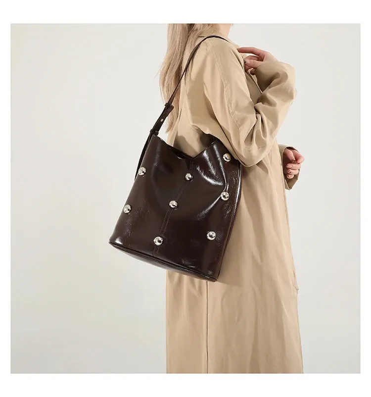 Solid Color Rivet PU 2025 High Quality Bucket Shoulder Bag Buckle Popular Fashion Crossbody Bag Soft Versatile Simple Handbag
