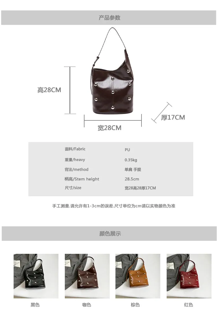 Solid Color Rivet PU 2025 High Quality Bucket Shoulder Bag Buckle Popular Fashion Crossbody Bag Soft Versatile Simple Handbag