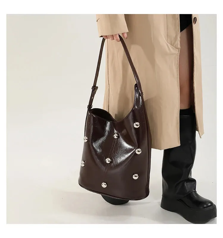 Solid Color Rivet PU 2025 High Quality Bucket Shoulder Bag Buckle Popular Fashion Crossbody Bag Soft Versatile Simple Handbag