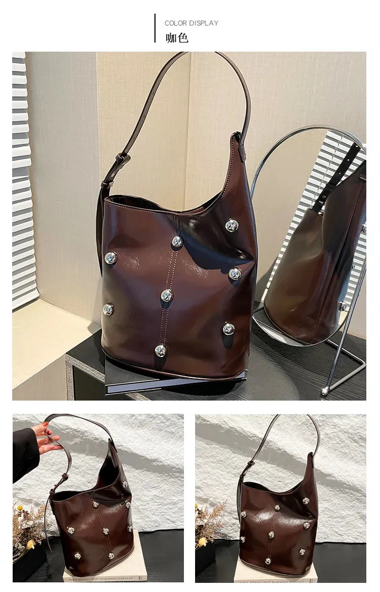 Solid Color Rivet PU 2025 High Quality Bucket Shoulder Bag Buckle Popular Fashion Crossbody Bag Soft Versatile Simple Handbag