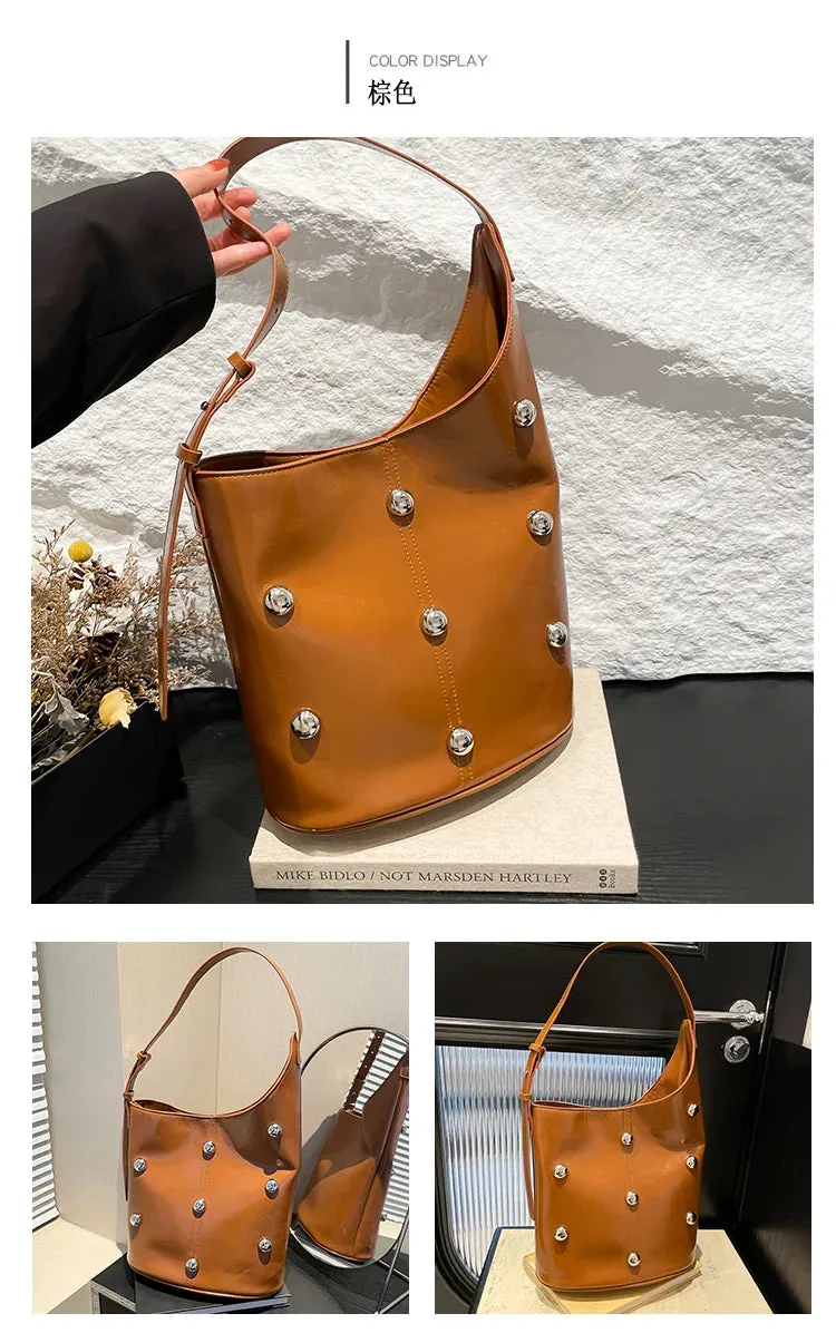 Solid Color Rivet PU 2025 High Quality Bucket Shoulder Bag Buckle Popular Fashion Crossbody Bag Soft Versatile Simple Handbag