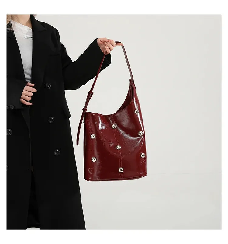 Solid Color Rivet PU 2025 High Quality Bucket Shoulder Bag Buckle Popular Fashion Crossbody Bag Soft Versatile Simple Handbag