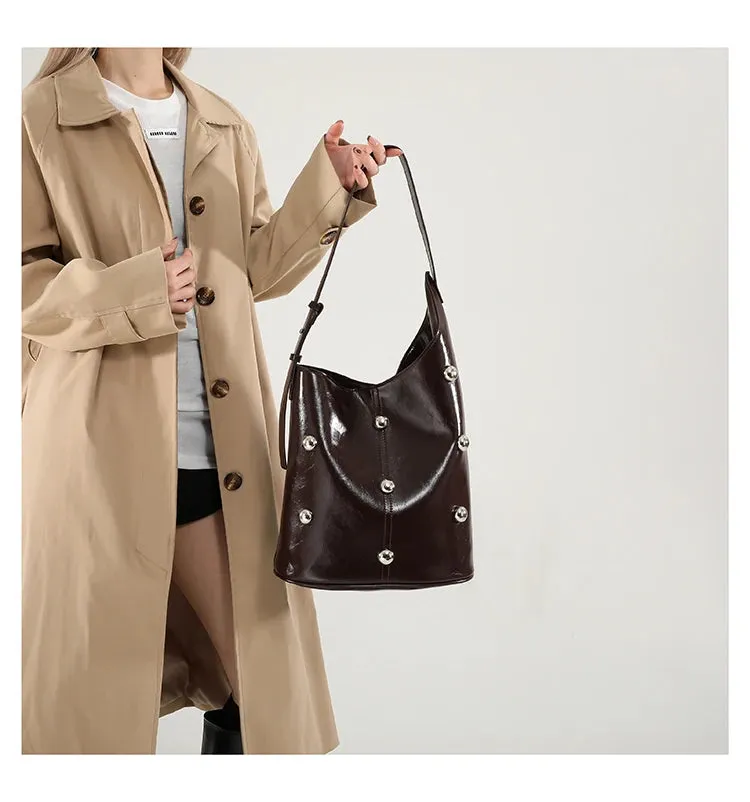 Solid Color Rivet PU 2025 High Quality Bucket Shoulder Bag Buckle Popular Fashion Crossbody Bag Soft Versatile Simple Handbag