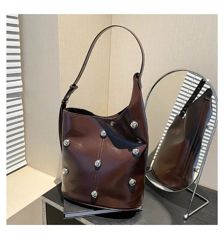 Solid Color Rivet PU 2025 High Quality Bucket Shoulder Bag Buckle Popular Fashion Crossbody Bag Soft Versatile Simple Handbag