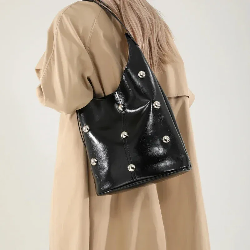 Solid Color Rivet PU 2025 High Quality Bucket Shoulder Bag Buckle Popular Fashion Crossbody Bag Soft Versatile Simple Handbag