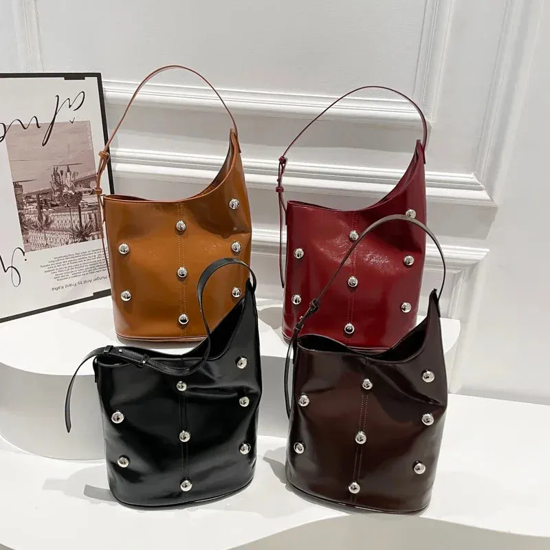 Solid Color Rivet PU 2025 High Quality Bucket Shoulder Bag Buckle Popular Fashion Crossbody Bag Soft Versatile Simple Handbag