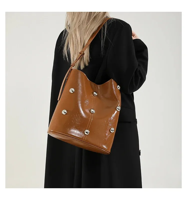 Solid Color Rivet PU 2025 High Quality Bucket Shoulder Bag Buckle Popular Fashion Crossbody Bag Soft Versatile Simple Handbag