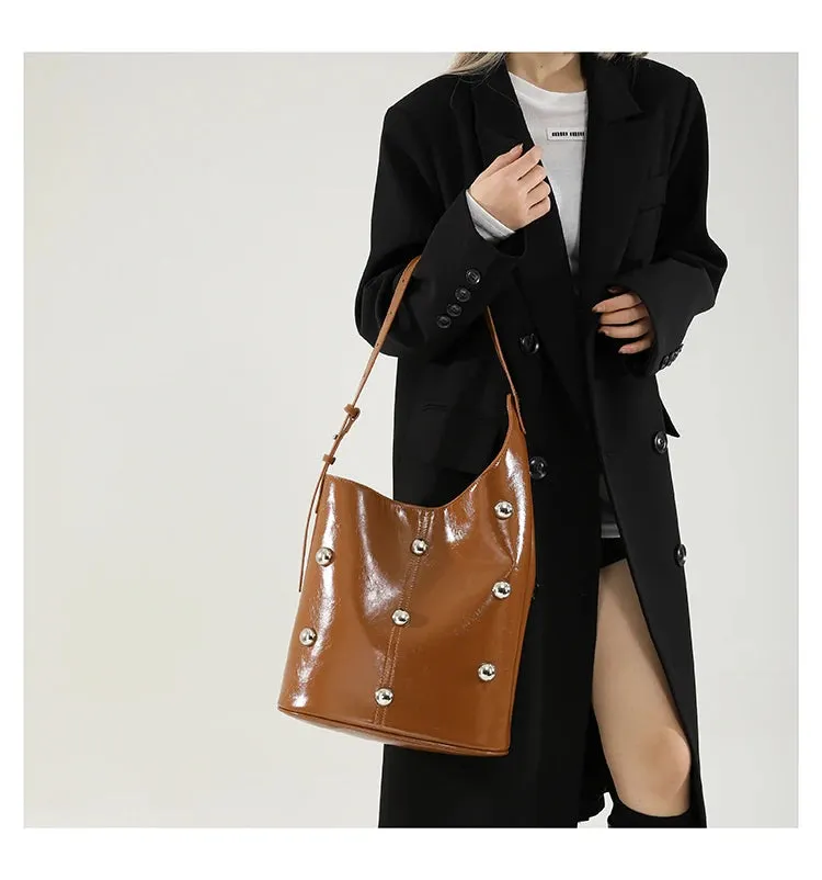Solid Color Rivet PU 2025 High Quality Bucket Shoulder Bag Buckle Popular Fashion Crossbody Bag Soft Versatile Simple Handbag