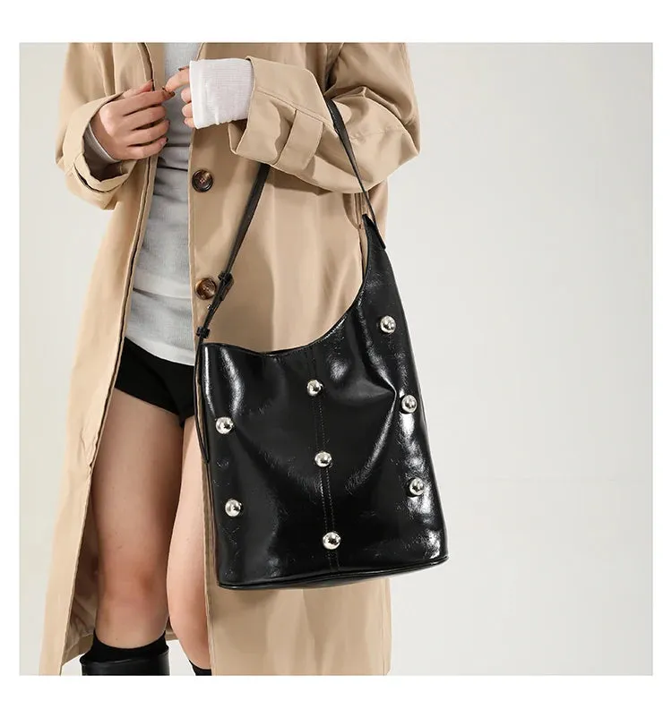 Solid Color Rivet PU 2025 High Quality Bucket Shoulder Bag Buckle Popular Fashion Crossbody Bag Soft Versatile Simple Handbag