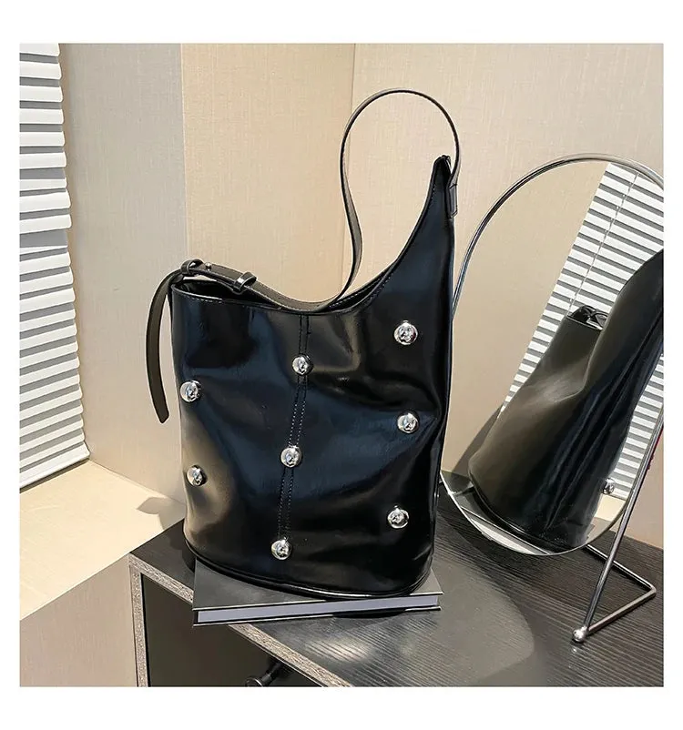 Solid Color Rivet PU 2025 High Quality Bucket Shoulder Bag Buckle Popular Fashion Crossbody Bag Soft Versatile Simple Handbag