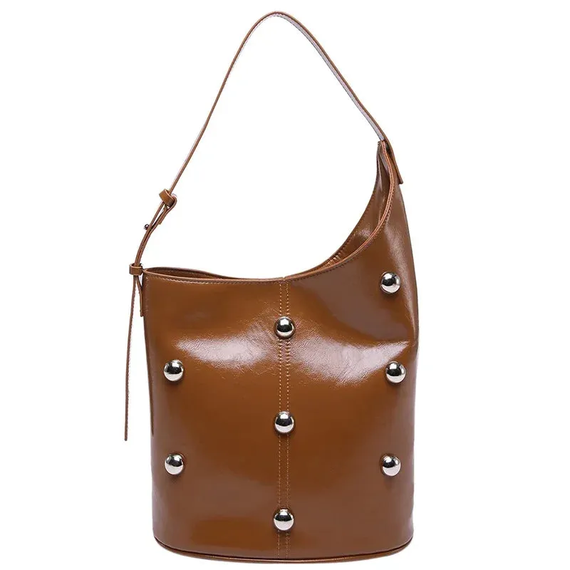 Solid Color Rivet PU 2025 High Quality Bucket Shoulder Bag Buckle Popular Fashion Crossbody Bag Soft Versatile Simple Handbag
