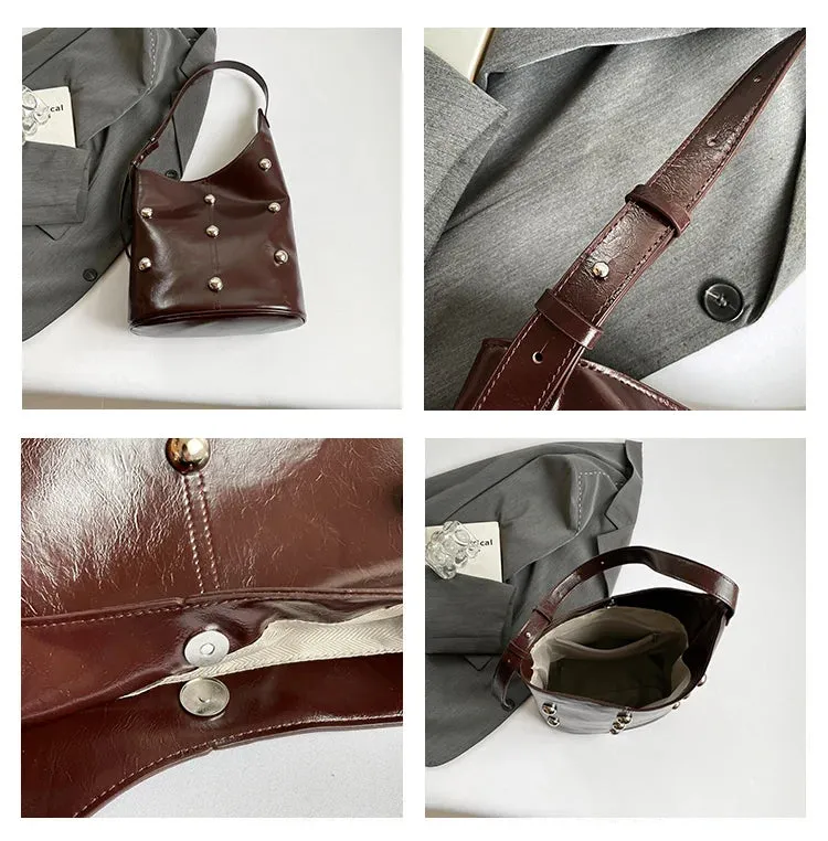 Solid Color Rivet PU 2025 High Quality Bucket Shoulder Bag Buckle Popular Fashion Crossbody Bag Soft Versatile Simple Handbag