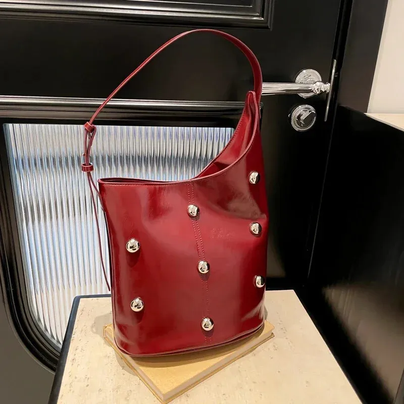 Solid Color Rivet PU 2025 High Quality Bucket Shoulder Bag Buckle Popular Fashion Crossbody Bag Soft Versatile Simple Handbag