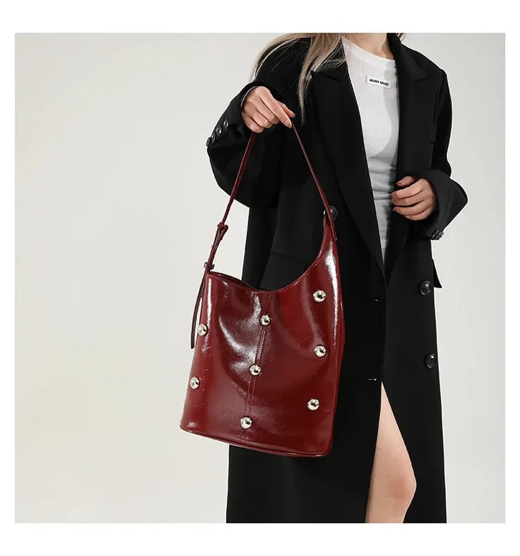 Solid Color Rivet PU 2025 High Quality Bucket Shoulder Bag Buckle Popular Fashion Crossbody Bag Soft Versatile Simple Handbag