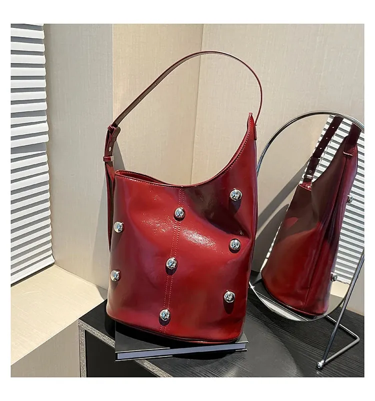 Solid Color Rivet PU 2025 High Quality Bucket Shoulder Bag Buckle Popular Fashion Crossbody Bag Soft Versatile Simple Handbag