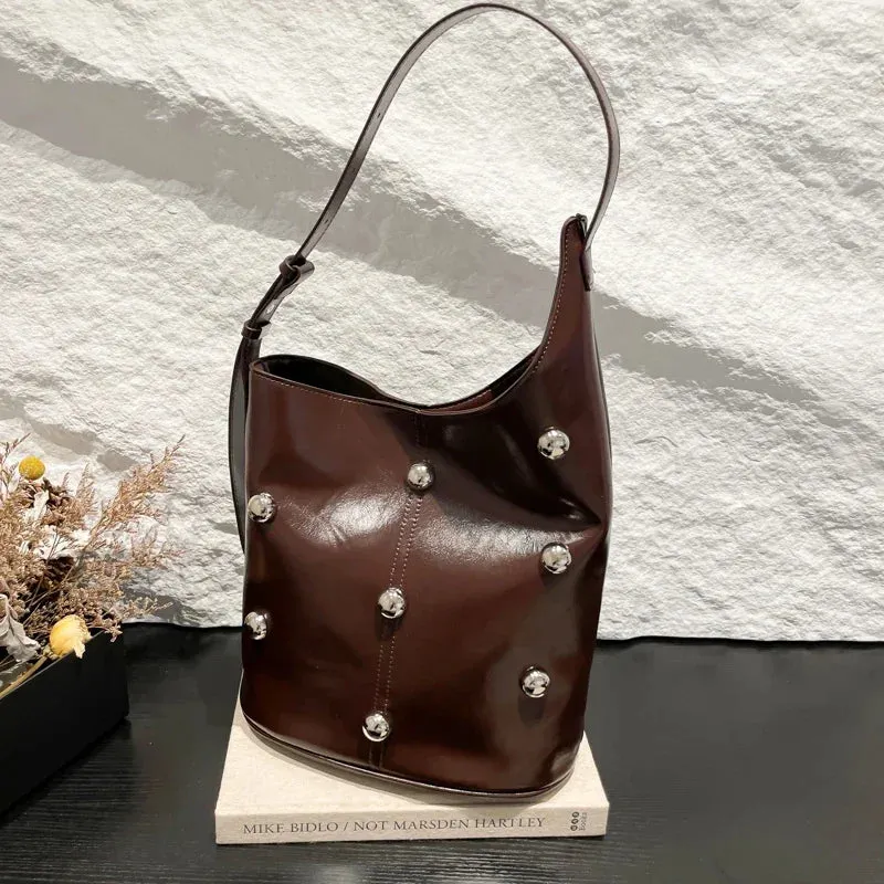 Solid Color Rivet PU 2025 High Quality Bucket Shoulder Bag Buckle Popular Fashion Crossbody Bag Soft Versatile Simple Handbag