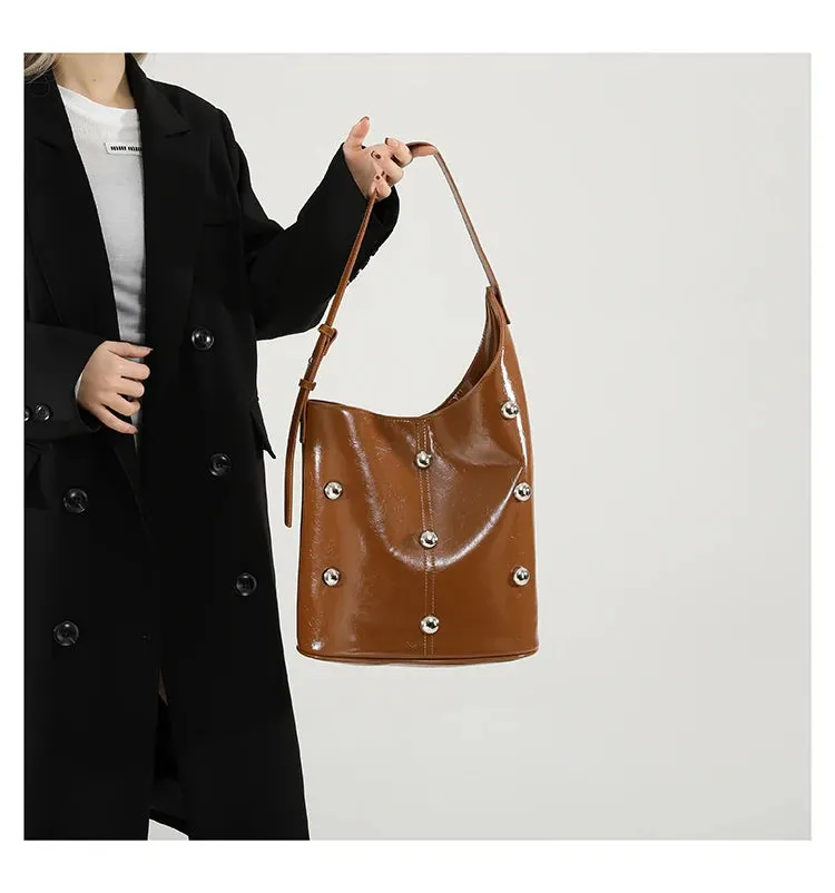 Solid Color Rivet PU 2025 High Quality Bucket Shoulder Bag Buckle Popular Fashion Crossbody Bag Soft Versatile Simple Handbag