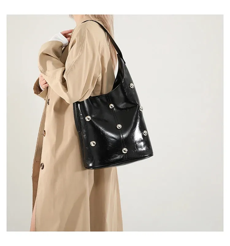Solid Color Rivet PU 2025 High Quality Bucket Shoulder Bag Buckle Popular Fashion Crossbody Bag Soft Versatile Simple Handbag