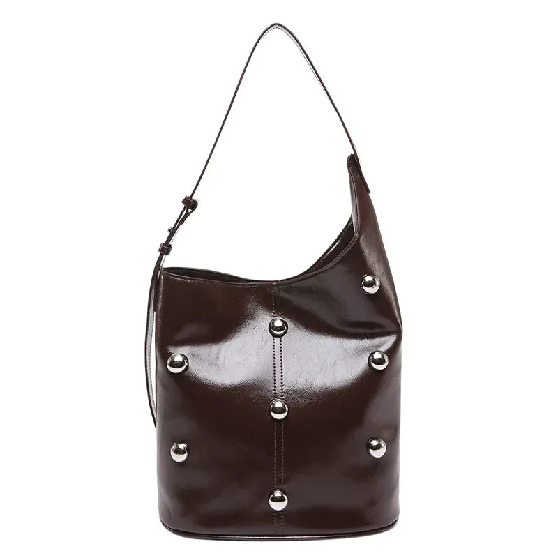 Solid Color Rivet PU 2025 High Quality Bucket Shoulder Bag Buckle Popular Fashion Crossbody Bag Soft Versatile Simple Handbag