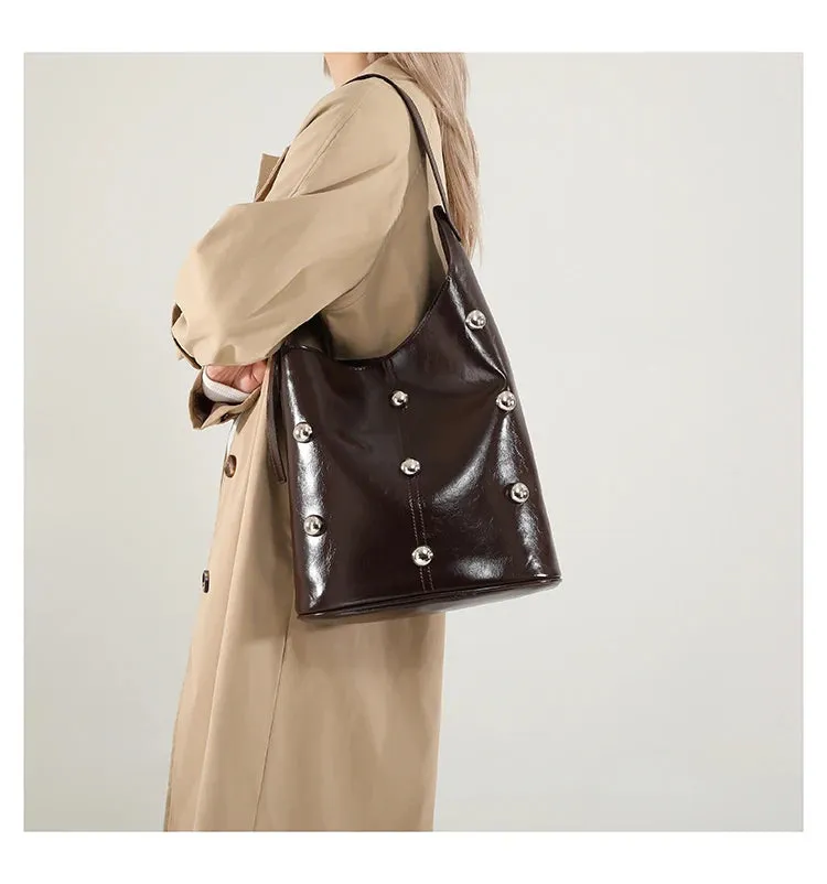 Solid Color Rivet PU 2025 High Quality Bucket Shoulder Bag Buckle Popular Fashion Crossbody Bag Soft Versatile Simple Handbag
