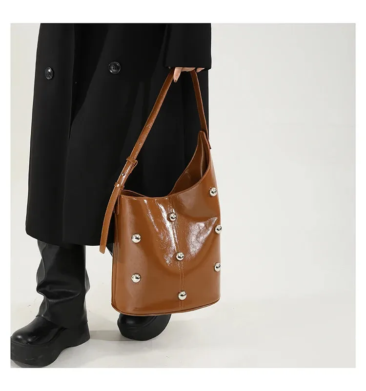 Solid Color Rivet PU 2025 High Quality Bucket Shoulder Bag Buckle Popular Fashion Crossbody Bag Soft Versatile Simple Handbag
