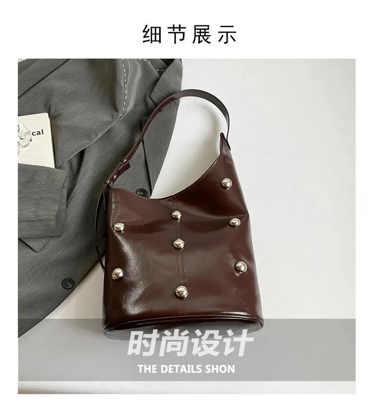 Solid Color Rivet PU 2025 High Quality Bucket Shoulder Bag Buckle Popular Fashion Crossbody Bag Soft Versatile Simple Handbag