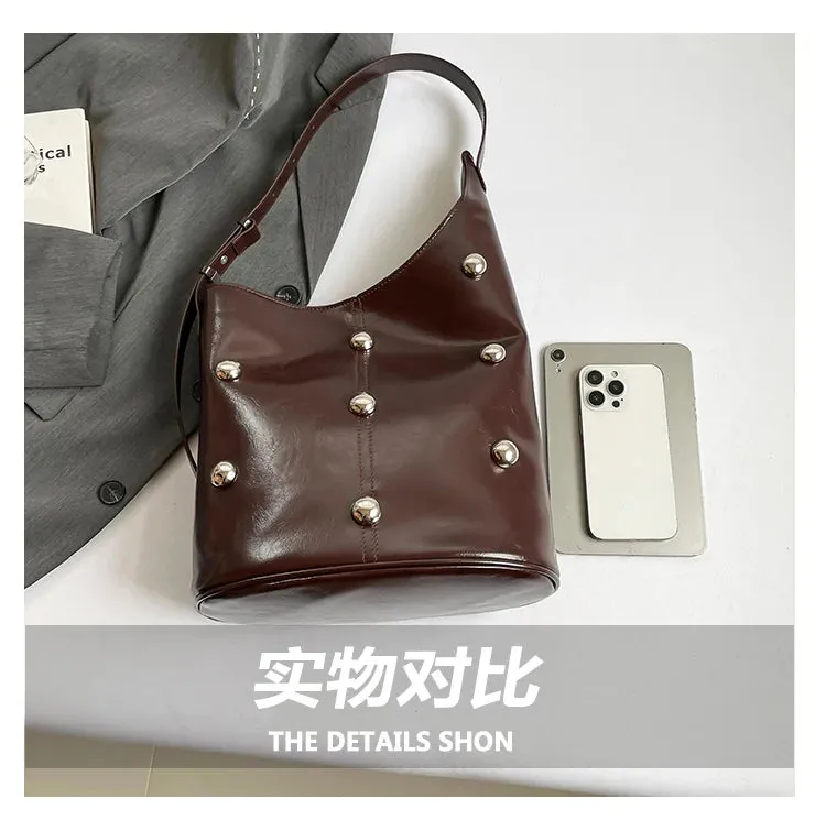 Solid Color Rivet PU 2025 High Quality Bucket Shoulder Bag Buckle Popular Fashion Crossbody Bag Soft Versatile Simple Handbag