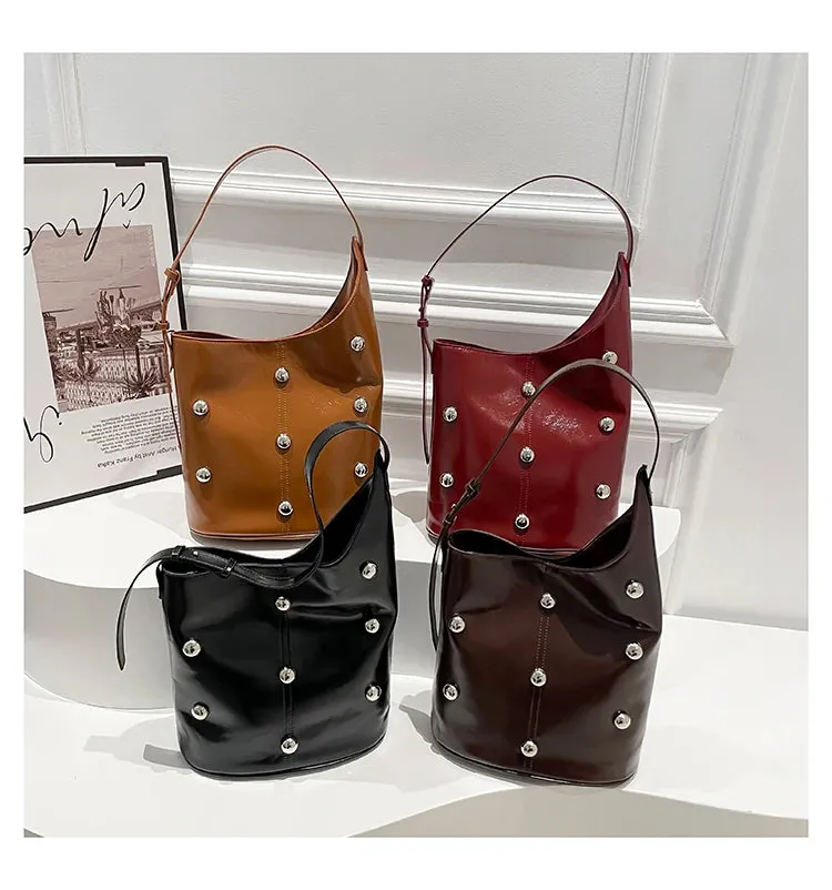 Solid Color Rivet PU 2025 High Quality Bucket Shoulder Bag Buckle Popular Fashion Crossbody Bag Soft Versatile Simple Handbag