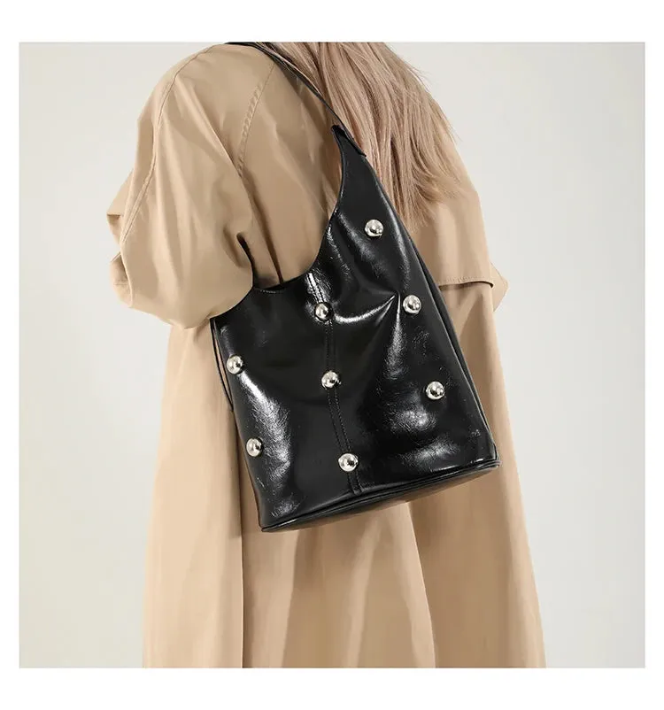 Solid Color Rivet PU 2025 High Quality Bucket Shoulder Bag Buckle Popular Fashion Crossbody Bag Soft Versatile Simple Handbag