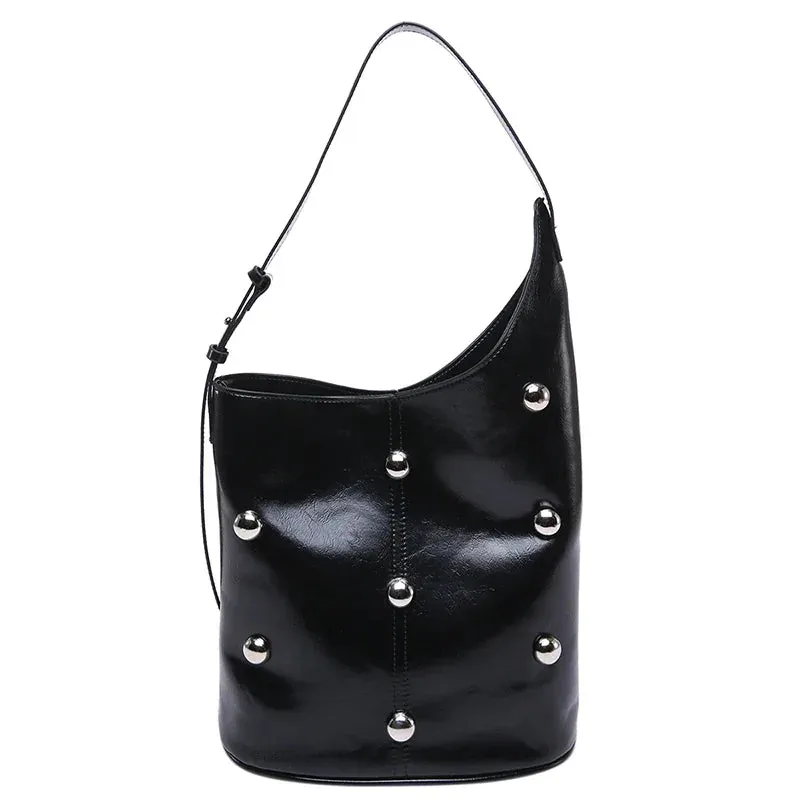 Solid Color Rivet PU 2025 High Quality Bucket Shoulder Bag Buckle Popular Fashion Crossbody Bag Soft Versatile Simple Handbag