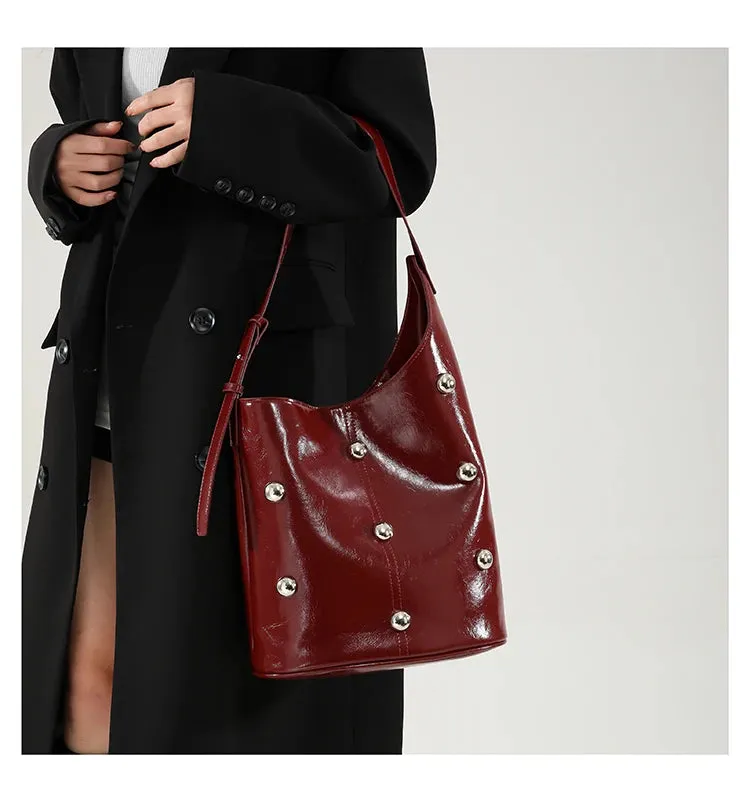 Solid Color Rivet PU 2025 High Quality Bucket Shoulder Bag Buckle Popular Fashion Crossbody Bag Soft Versatile Simple Handbag