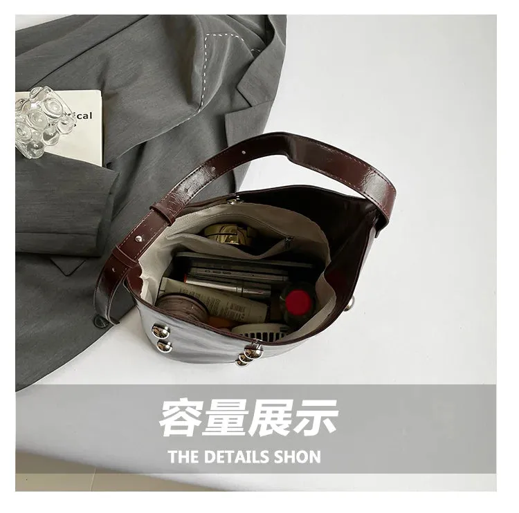 Solid Color Rivet PU 2025 High Quality Bucket Shoulder Bag Buckle Popular Fashion Crossbody Bag Soft Versatile Simple Handbag