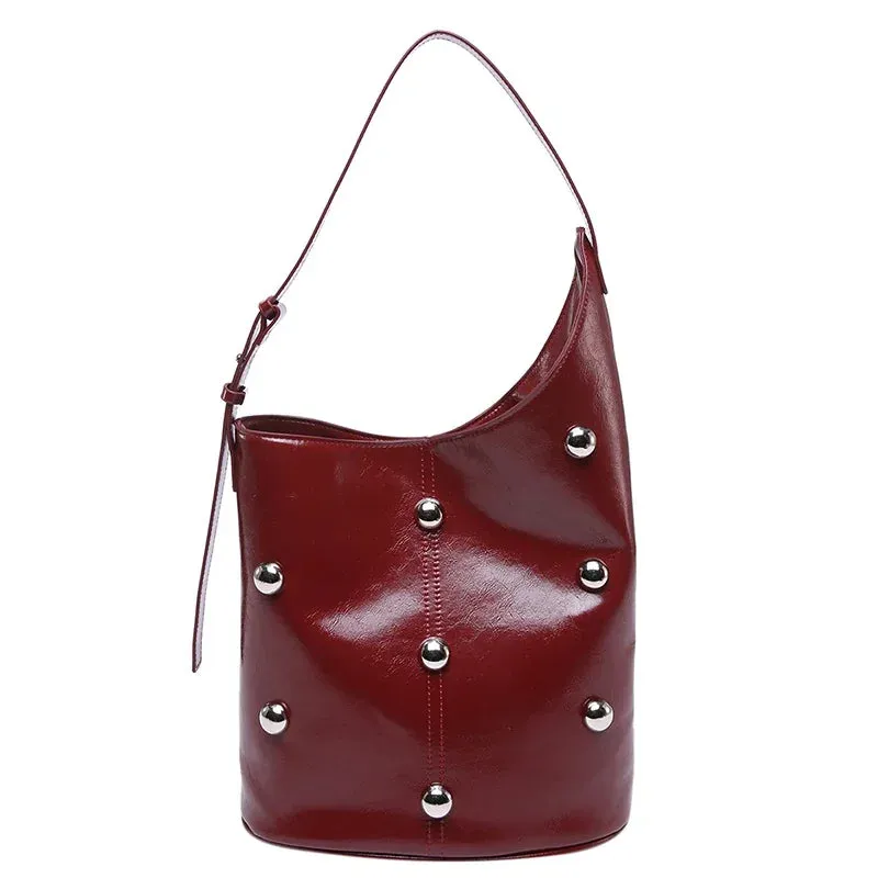 Solid Color Rivet PU 2025 High Quality Bucket Shoulder Bag Buckle Popular Fashion Crossbody Bag Soft Versatile Simple Handbag