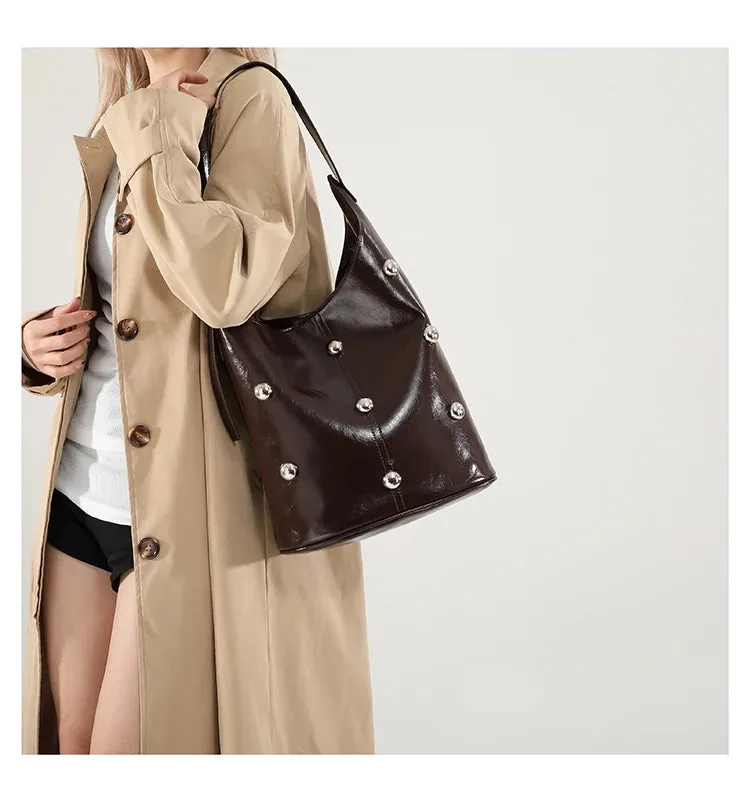 Solid Color Rivet PU 2025 High Quality Bucket Shoulder Bag Buckle Popular Fashion Crossbody Bag Soft Versatile Simple Handbag