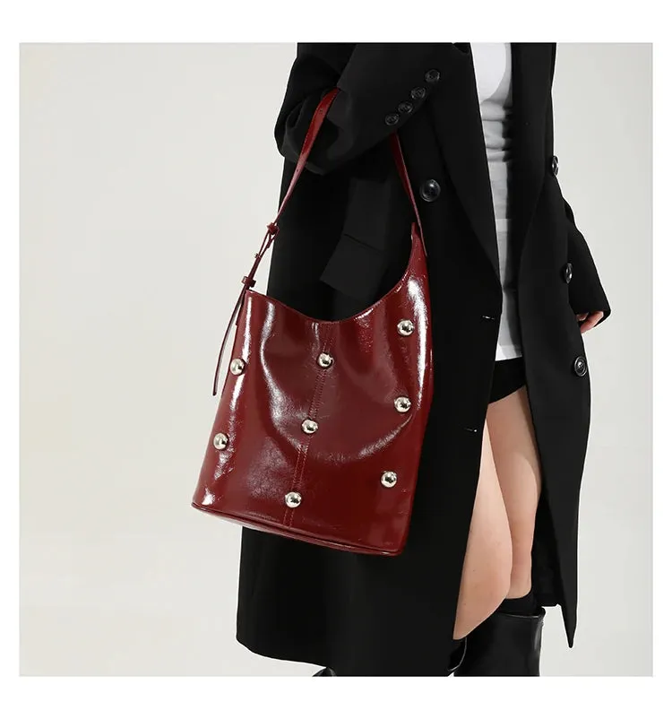 Solid Color Rivet PU 2025 High Quality Bucket Shoulder Bag Buckle Popular Fashion Crossbody Bag Soft Versatile Simple Handbag