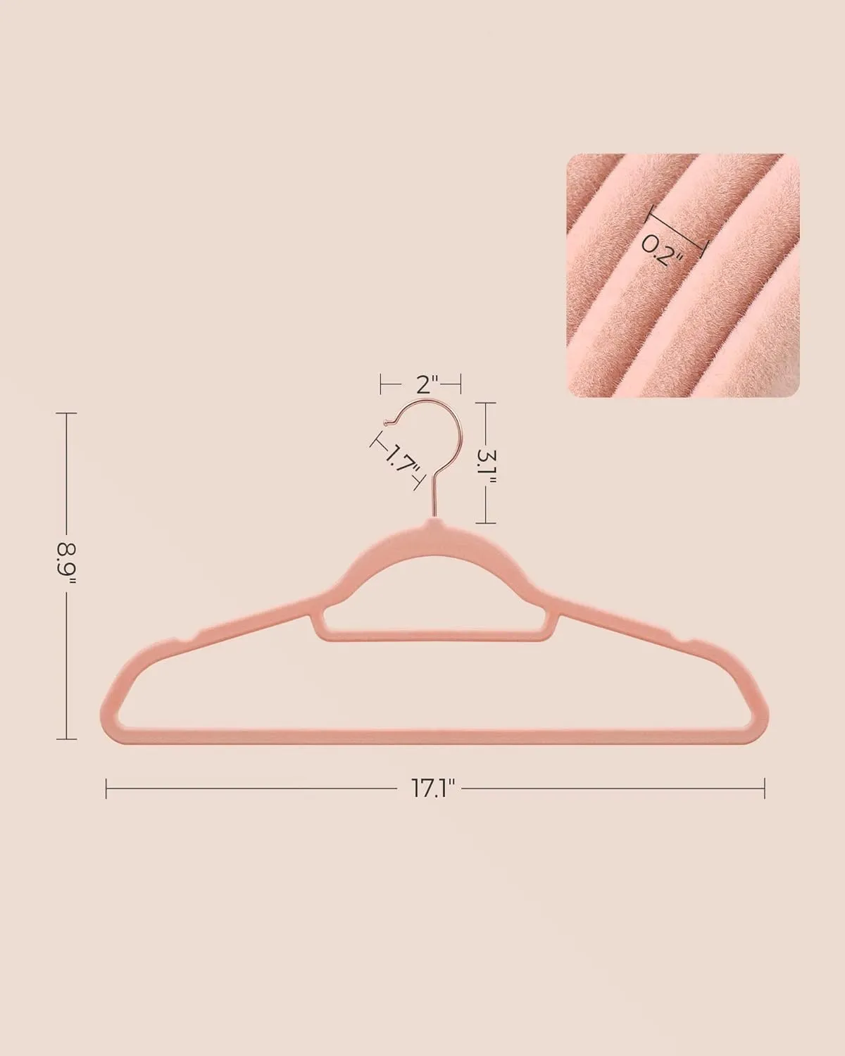 SONGMICS Velvet Hangers, Set of 50 Clothes Hanger with Rose Gold Swivel Hook, Non-Slip, and Space-Saving, 0.2-Inch Thick, 17.1-Inch Long for Coat, Shirt, Dress, Pants, Tie, Coral Pink UCRF21PK50